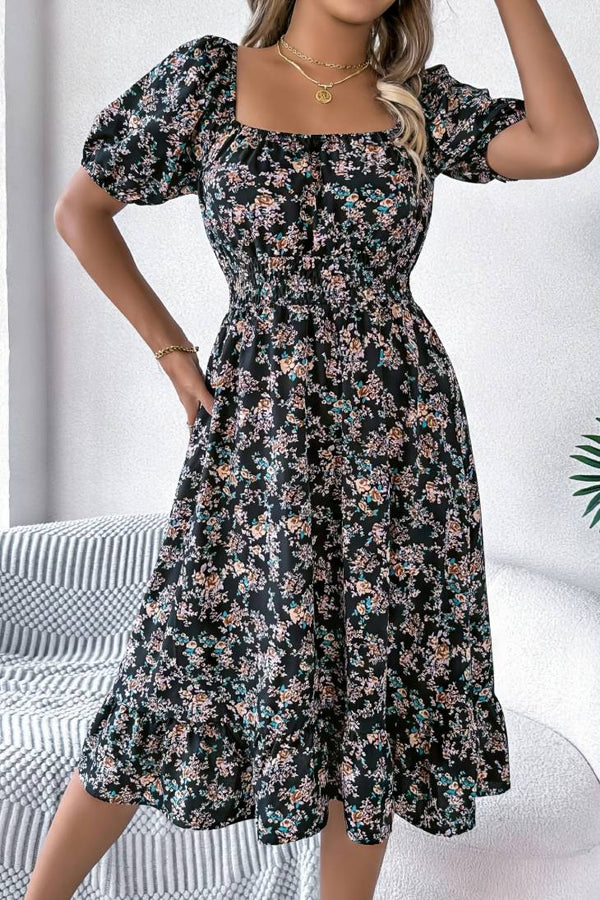 Robe Champêtre Midi Col Carré Manches Bouffantes Coupe A-Line Fleurie