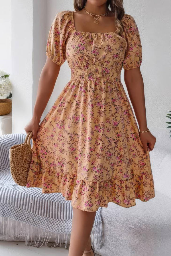 Robe Champêtre Midi Col Carré Manches Bouffantes Coupe A-Line Fleurie
