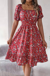 Robe Champêtre Midi Col Carré Manches Bouffantes Coupe A-Line Fleurie