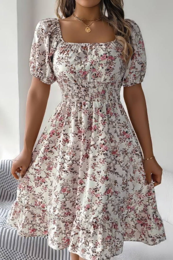 Robe Champêtre Midi Col Carré Manches Bouffantes Coupe A-Line Fleurie