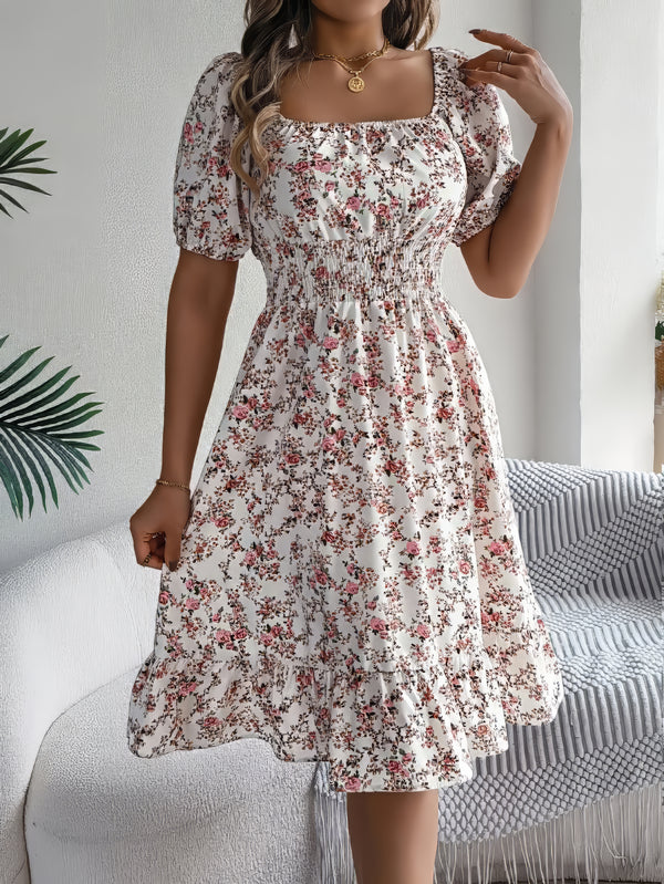 Robe Champêtre Midi Col Carré Manches Bouffantes Coupe A-Line Fleurie