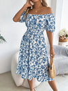 Robe Champêtre Midi Col Carré Manches Bouffantes Coupe A-Line Fleurie