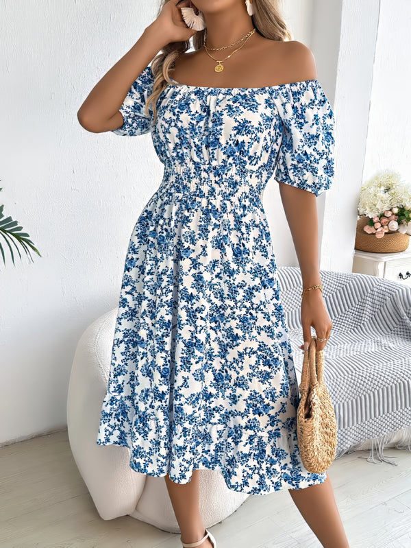 Robe Champêtre Midi Col Carré Manches Bouffantes Coupe A-Line Fleurie