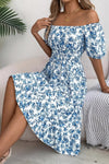 Robe Champêtre Midi Col Carré Manches Bouffantes Coupe A-Line Fleurie