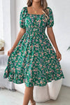 Robe Champêtre Midi Col Carré Manches Bouffantes Coupe A-Line Fleurie