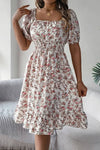 Robe Champêtre Midi Col Carré Manches Bouffantes Coupe A-Line Fleurie