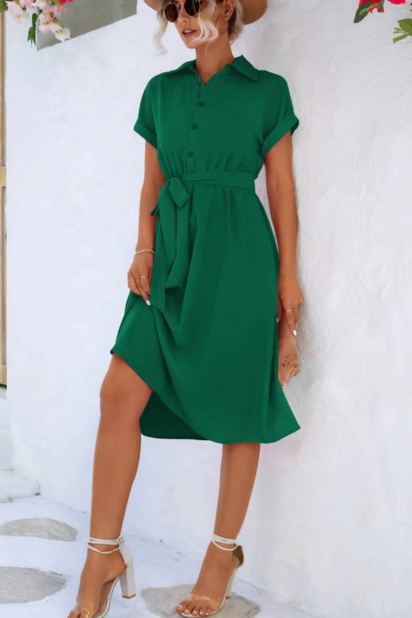 Robe Champêtre Midi Col Chemise Manches Courtes Boutonnée Taille Ceinturée Coupe A-Line