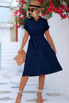 Robe Champêtre Midi Col Chemise Manches Courtes Boutonnée Taille Ceinturée Coupe A-Line