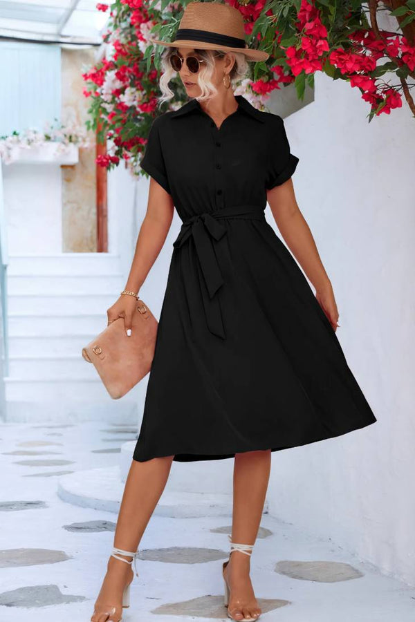 Robe Champêtre Midi Col Chemise Manches Courtes Boutonnée Taille Ceinturée Coupe A-Line