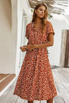 Robe Champêtre Midi Col Chemise Manches Courtes Taille Ceinturée Coupe A-Line À Pois
