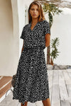 Robe Champêtre Midi Col Chemise Manches Courtes Taille Ceinturée Coupe A-Line À Pois