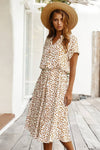 Robe Champêtre Midi Col Chemise Manches Courtes Taille Ceinturée Coupe A-Line À Pois
