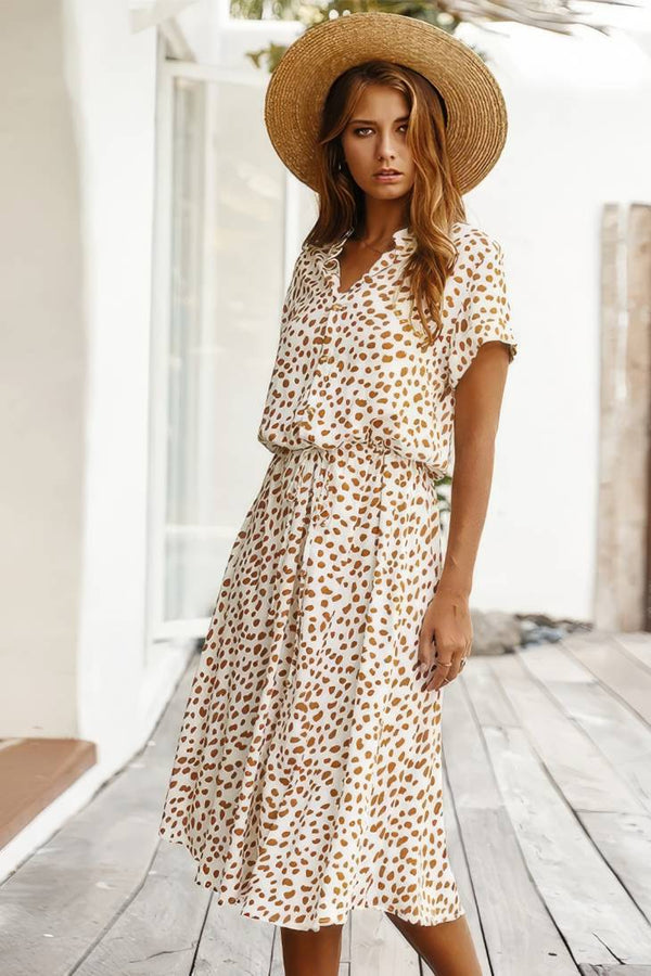 Robe Champêtre Midi Col Chemise Manches Courtes Taille Ceinturée Coupe A-Line À Pois