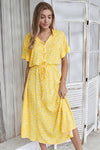 Robe Champêtre Midi Col Chemise Manches Courtes Taille Ceinturée Coupe A-Line À Pois