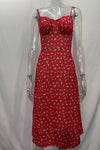 Robe Champêtre Midi Col En V Bretelles Fines Fendue Fleurie Rouge
