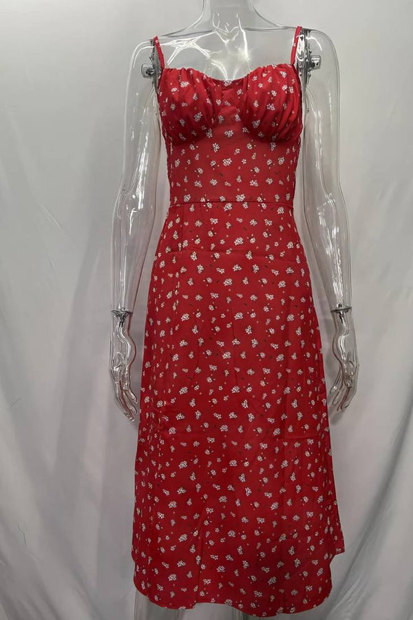 Robe Champêtre Midi Col En V Bretelles Fines Fendue Fleurie Rouge