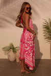 Robe Champêtre Midi Col En V Bretelles Larges Coupe A-Line Ourlet Asymétrique Imprimé Bohème Fuchsia