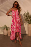 Robe Champêtre Midi Col En V Bretelles Larges Coupe A-Line Ourlet Asymétrique Imprimé Bohème Fuchsia