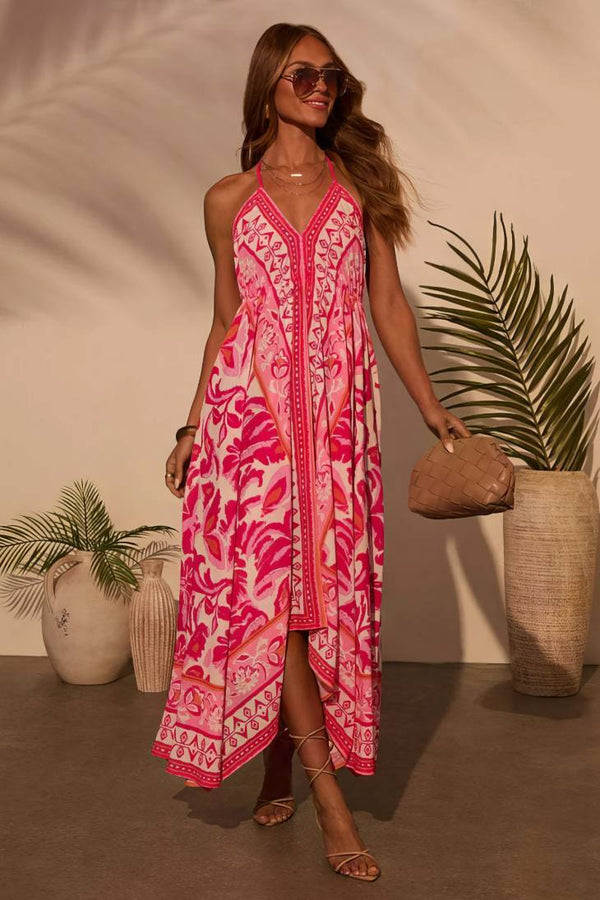 Robe Champêtre Midi Col En V Bretelles Larges Coupe A-Line Ourlet Asymétrique Imprimé Bohème Fuchsia