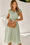 Robe Champêtre Midi Col En V Manches Courtes Volantées Coupe A-Line