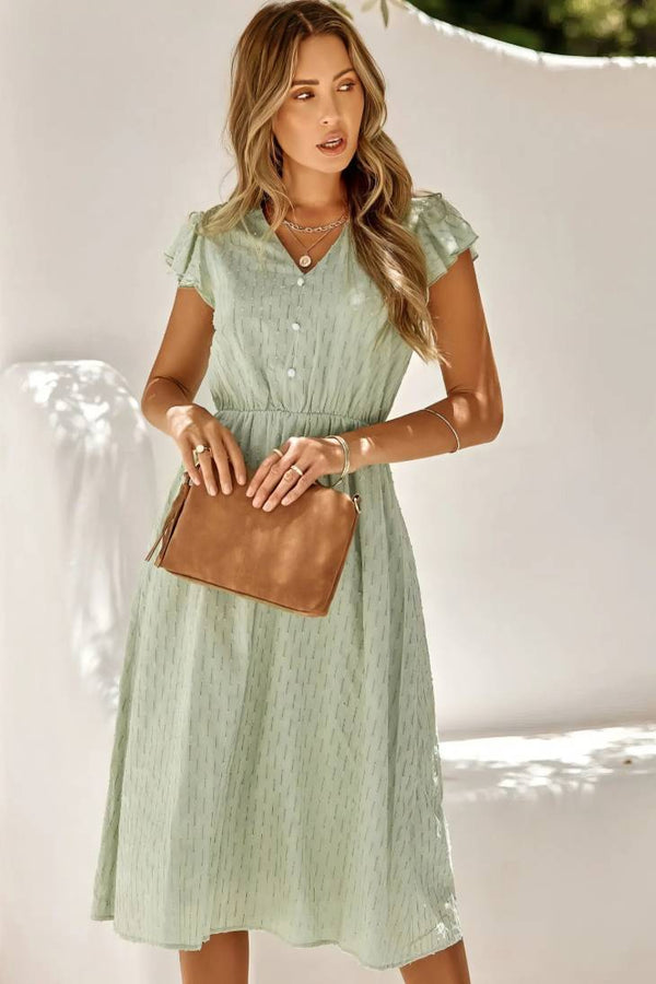 Robe Champêtre Midi Col En V Manches Courtes Volantées Coupe A-Line