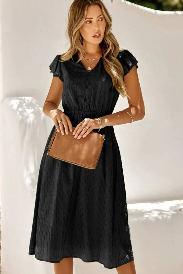 Robe Champêtre Midi Col En V Manches Courtes Volantées Coupe A-Line