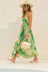 Robe Champêtre Midi Col Licou Bretelles Fines Coupe A-Line Ourlet Asymétrique Imprimé Bohème Vert Jaune