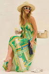 Robe Champêtre Midi Col Licou Bretelles Fines Coupe A-Line Ourlet Asymétrique Imprimé Bohème Vert Jaune