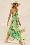 Robe Champêtre Midi Col Licou Bretelles Fines Coupe A-Line Ourlet Asymétrique Imprimé Bohème Vert Jaune