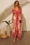 Robe Champêtre Midi Col Licou Dos Nu Bretelles Fines Coupe A-Line Imprimé Bohème Écru Fuchsia