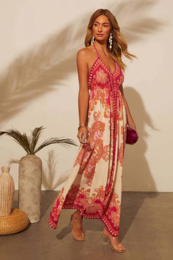 Robe Champêtre Midi Col Licou Dos Nu Bretelles Fines Coupe A-Line Imprimé Bohème Écru Fuchsia