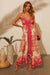 Robe Champêtre Midi Col Licou Dos Nu Bretelles Fines Coupe A-Line Imprimé Bohème Écru Fuchsia