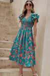 Robe Champêtre Midi Fleurie Smockée À La Taille Manches Volantées Col V