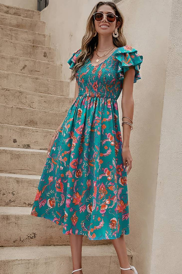 Robe Champêtre Midi Fleurie Smockée À La Taille Manches Volantées Col V
