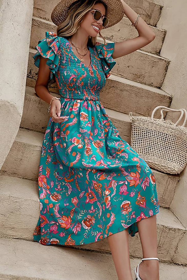 Robe Champêtre Midi Fleurie Smockée À La Taille Manches Volantées Col V