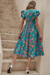 Robe Champêtre Midi Fleurie Smockée À La Taille Manches Volantées Col V