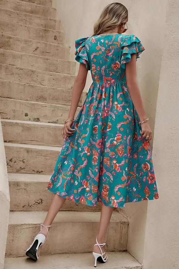 Robe Champêtre Midi Fleurie Smockée À La Taille Manches Volantées Col V