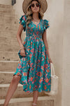 Robe Champêtre Midi Fleurie Smockée À La Taille Manches Volantées Col V