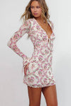 Robe Champêtre Mini À Fleurs Manches Longues Évasées Col V À Lacets Moulante