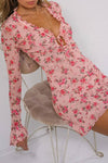 Robe Champêtre Mini À Fleurs Manches Longues Évasées Col V À Lacets Moulante