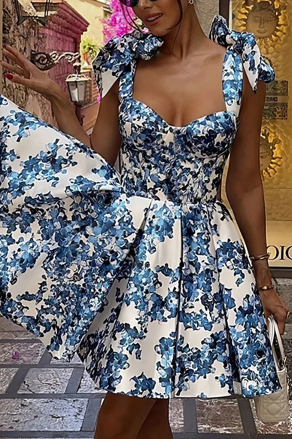 Robe Champêtre Mini Fleurie Bleue Épaules Dénudées Taille Haute Plissée Style Soirée