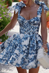Robe Champêtre Mini Fleurie Bleue Épaules Dénudées Taille Haute Plissée Style Soirée