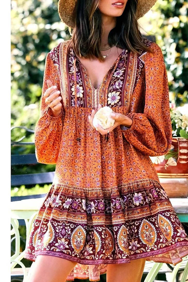 Robe Champêtre Mini Florale Vintage Manches Longues Col En V Style Bohème Hippie