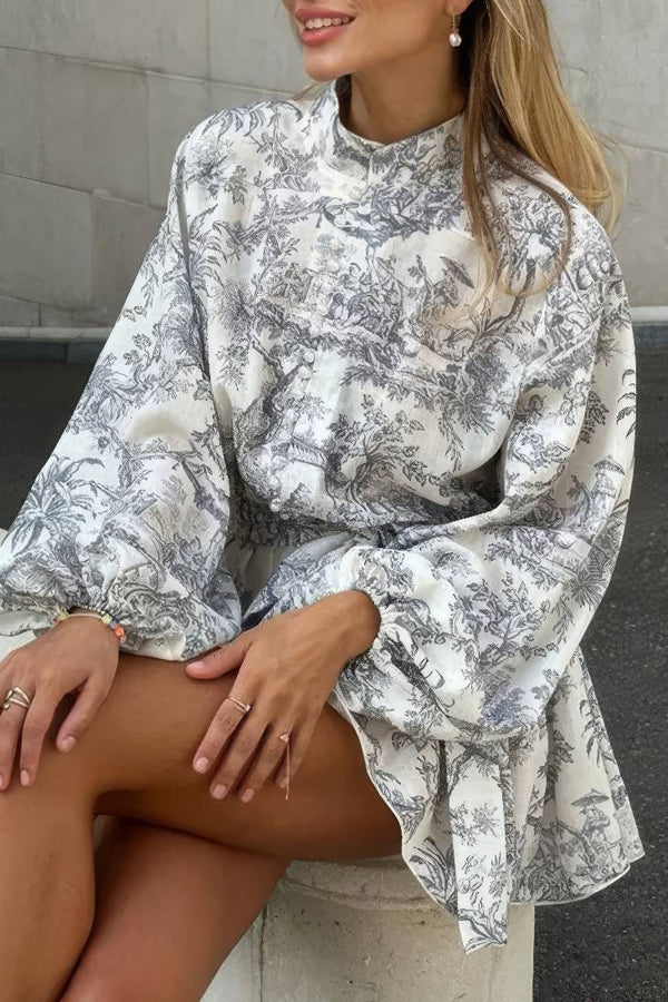 Robe Champêtre Mini Imprimée Col Montant Manches Bouffantes Taille Haute Jupe Plissée