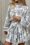 Robe Champêtre Mini Imprimée Col Montant Manches Bouffantes Taille Haute Jupe Plissée