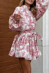 Robe Champêtre Mini Imprimée Col Montant Manches Bouffantes Taille Haute Jupe Plissée