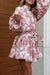 Robe Champêtre Mini Imprimée Col Montant Manches Bouffantes Taille Haute Jupe Plissée