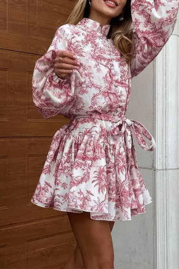 Robe Champêtre Mini Imprimée Col Montant Manches Bouffantes Taille Haute Jupe Plissée