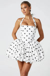 Robe Champêtre Mini Pois Blanc Col Licou Dos Nu Taille Haute Jupe Bouffante Club Soirée