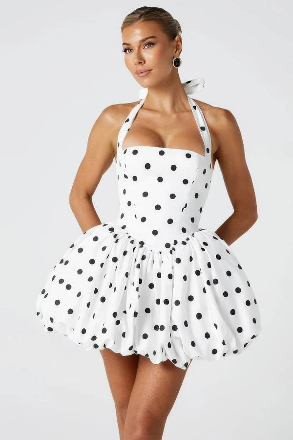 Robe Champêtre Mini Pois Blanc Col Licou Dos Nu Taille Haute Jupe Bouffante Club Soirée